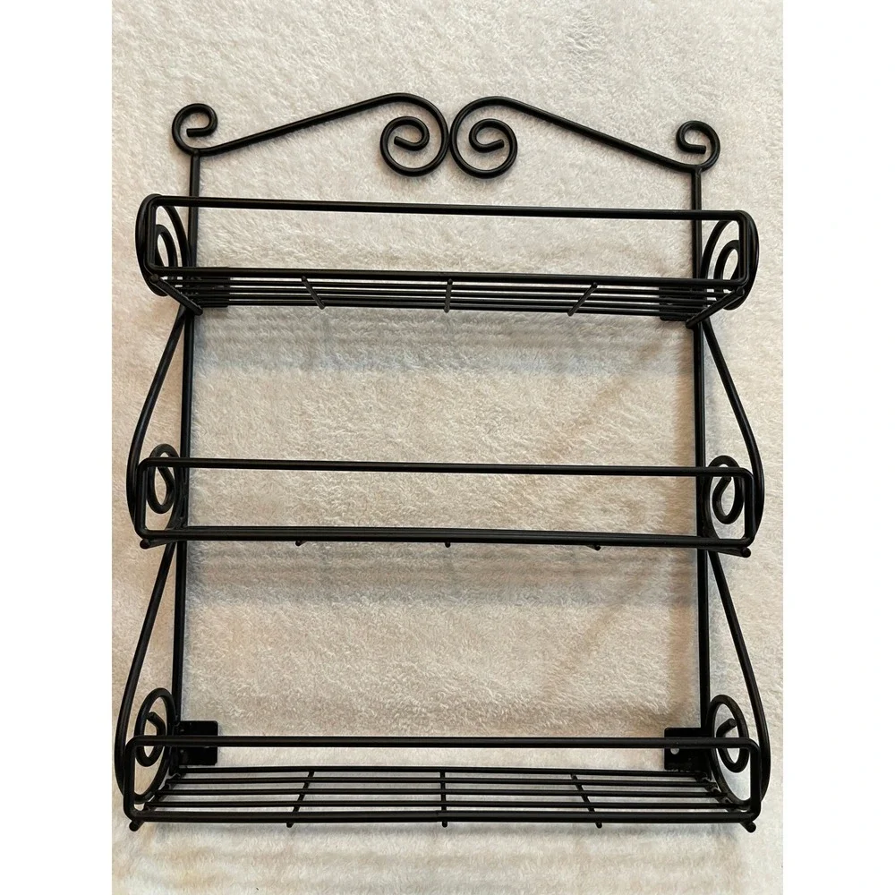 Black Metal Scrollwork Wall Mount Spice Rack 3 Tier Kitchen Organizer 15x12x3